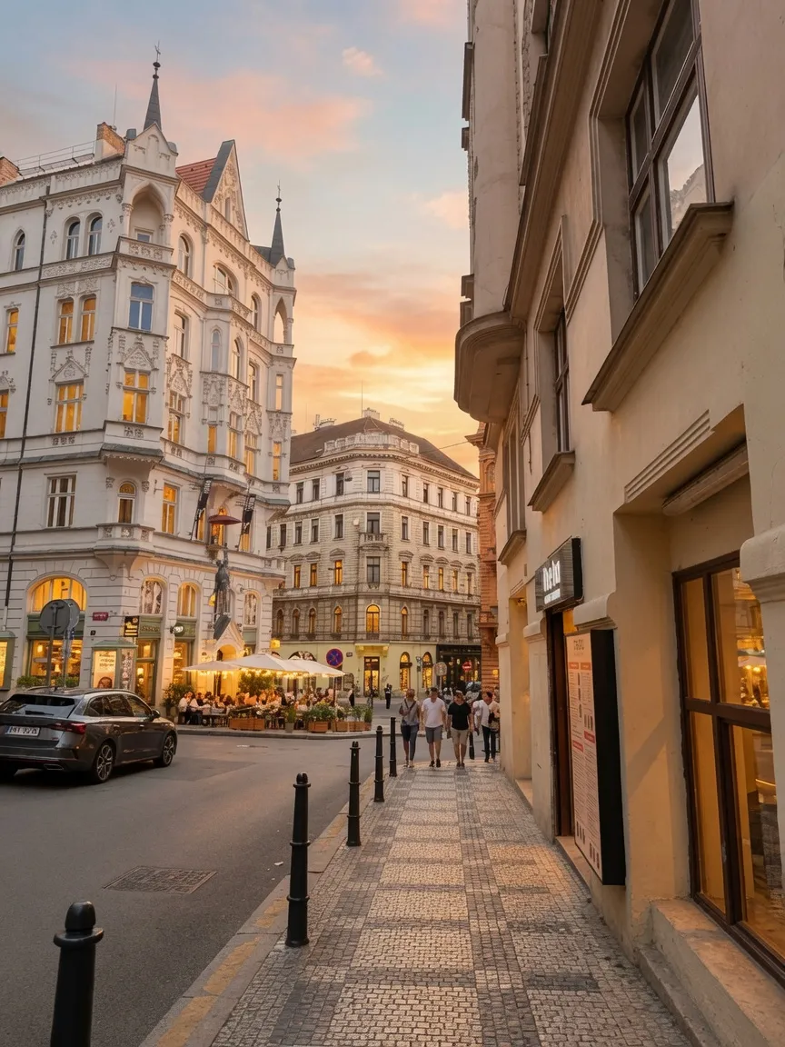 Ulice Odborů u restaurace The Ba při západu slunce