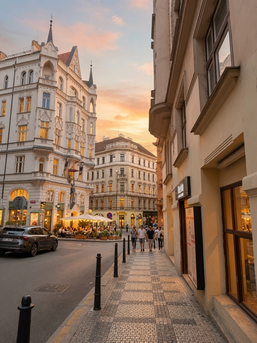 Ulice Odborů u restaurace The Ba při západu slunce